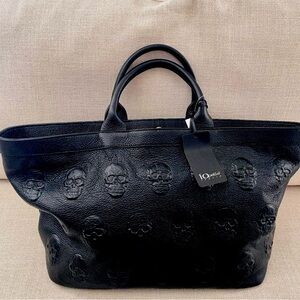 Genuine Leather 3D Black Embossed Skull Tote Bag